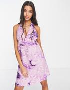 Pieces Exclusive Halterneck Mini Dress In Bright Purple Swirl