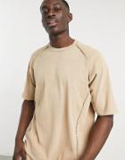 Asos Design Oversized T-shirt With Half Sleeves In Beige Heavyweight Acid Wash - Part Of A Set-brown