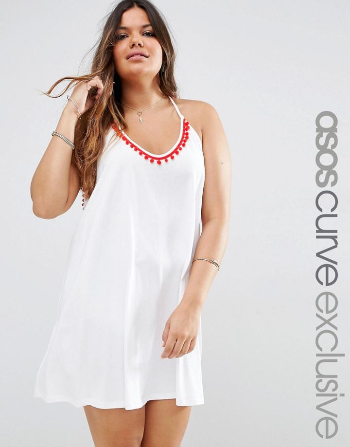 Asos Curve Beach Mini Dress With Pom Pom Detail - White