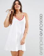 Asos Curve Beach Mini Dress With Pom Pom Detail - White