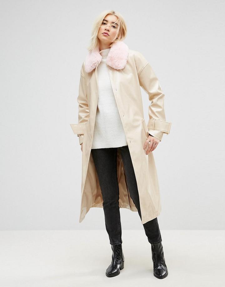 Asos Vinyl Trench With Faux Fur Collar - Cream