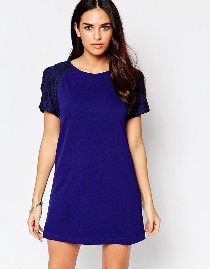 Liquorish Shift Dress With Lace Sleeve Detail - Blue