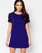 Liquorish Shift Dress With Lace Sleeve Detail - Blue