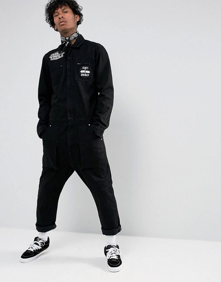 Asos Denim Boiler Suit In Black With Patches And Print - Black