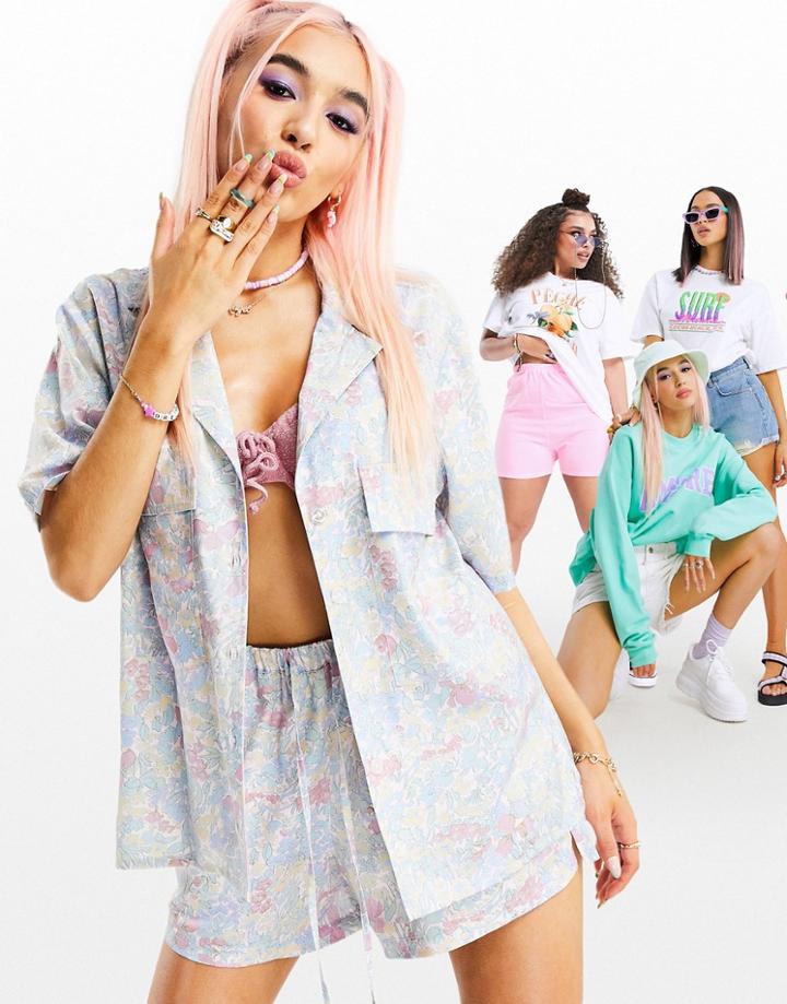 Asos Design Satin Floral Shirt - Part Of A Set-multi