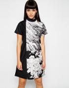 Asos Scuba Dress With High Neck In Photo Floral Print - Black