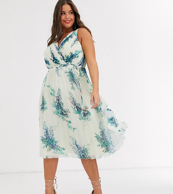 Asos Design Curve Midi Dress With Wrap Pleat Bodice In Blossom Floral Print-multi