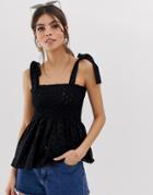 Asos Design Cami Broderie Sun Top With Shirring And Tie Shoulder Detail-black