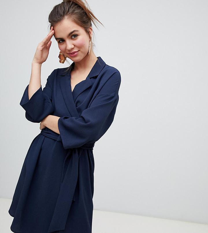 Monki Belted Wrap Dress In Navy