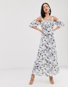 Asos Design Shirred Maxi Dress In China Blue Print - Multi