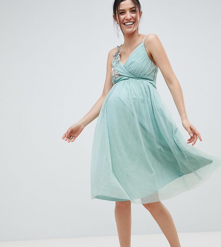 Little Mistress Maternity Floral Applique Midi Dress - Green