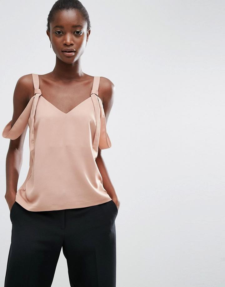 Asos Satin Cami With Cold Shoulder Tie Detail - Tan