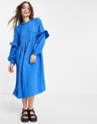 Vila Long Sleeve Midi Dress In Blue