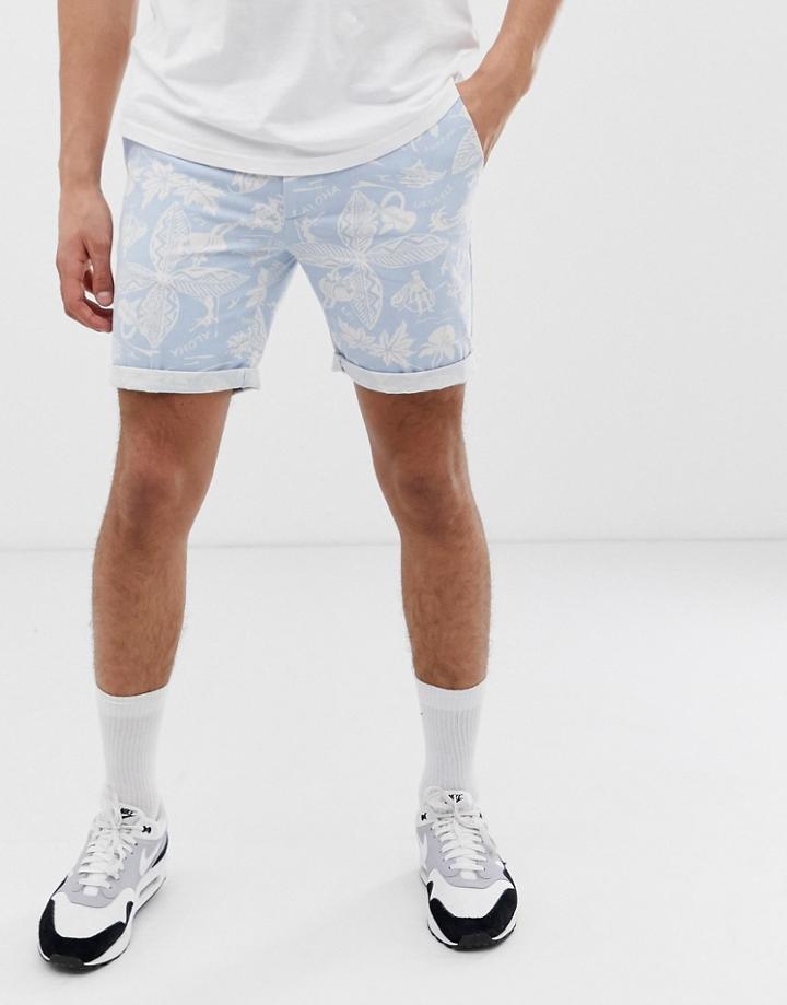 Bellfield Chino Shorts With Hawaiian Print In Light Blue - Blue