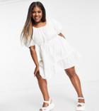 Missguided Plus Smock Dress With Drawstring Puff Sleeves In White