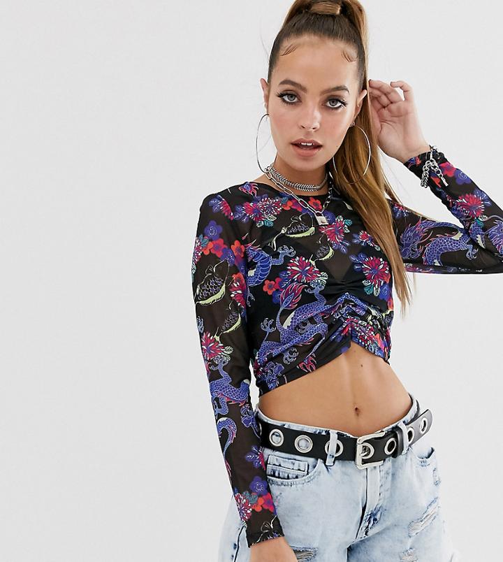 Asos Design Petite Mesh Crop Top In Bright Dragon Print With Ruched Front - Multi