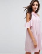 Influence Cold Shoulder Shirt Dress - Pink