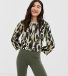 Monki Camo Print Cropped Jersey Top With Oversized Pocket In Green - Multi