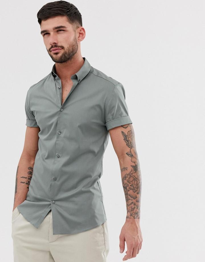River Island Muscle Fit Shirt In Khaki-green