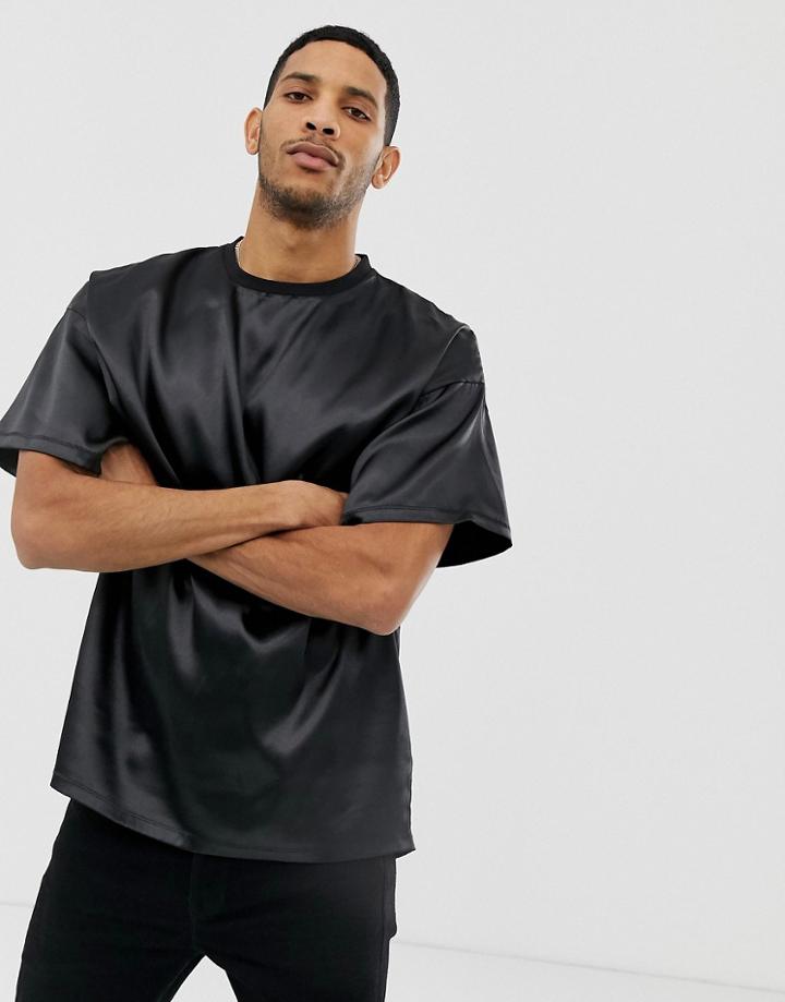 Asos Design Oversized T-shirt In Satin Fabric In Black - Black