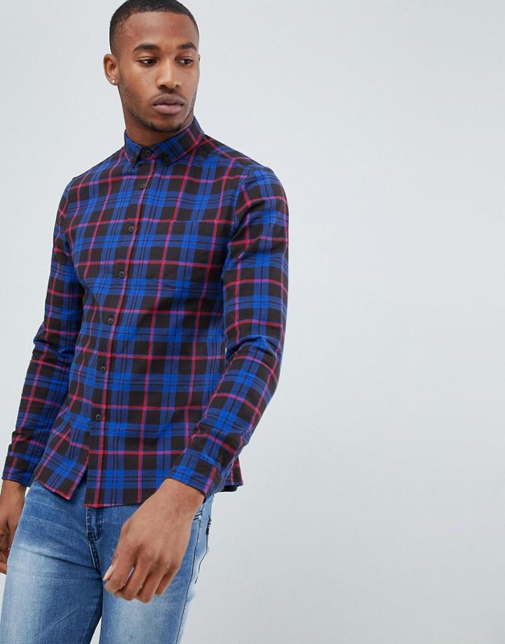 Asos Design Stretch Slim Check Shirt In Black And Blue - Black