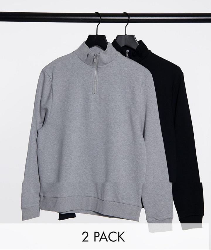 Asos Design Organic Half-zip Sweatshirt 2-pack In Black/gray Marl-multi