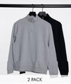 Asos Design Organic Half-zip Sweatshirt 2-pack In Black/gray Marl-multi