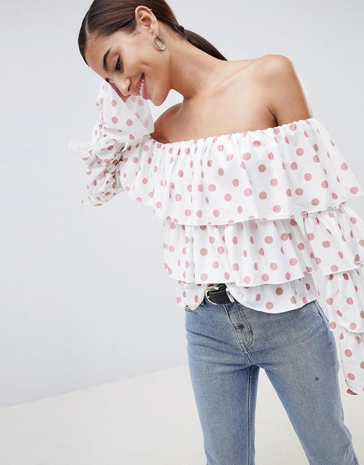 Asos Design Long Sleeve Ruffle Off Shoulder Top In Pink Spot - Multi