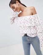 Asos Design Long Sleeve Ruffle Off Shoulder Top In Pink Spot - Multi