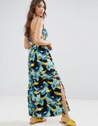 Asos Tie Back Maxi Dress In Bright Tropical Print - Multi