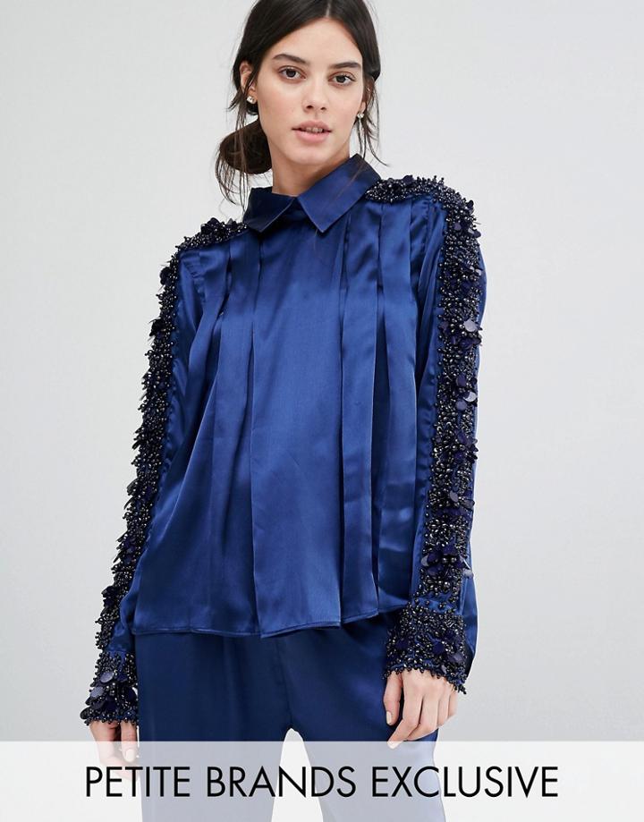 Starry Eyed Petite Beaded Satin Blouse - Navy