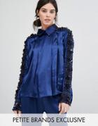 Starry Eyed Petite Beaded Satin Blouse - Navy