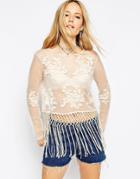 Asos Festival Top With Embroidery And Fringing - Cream
