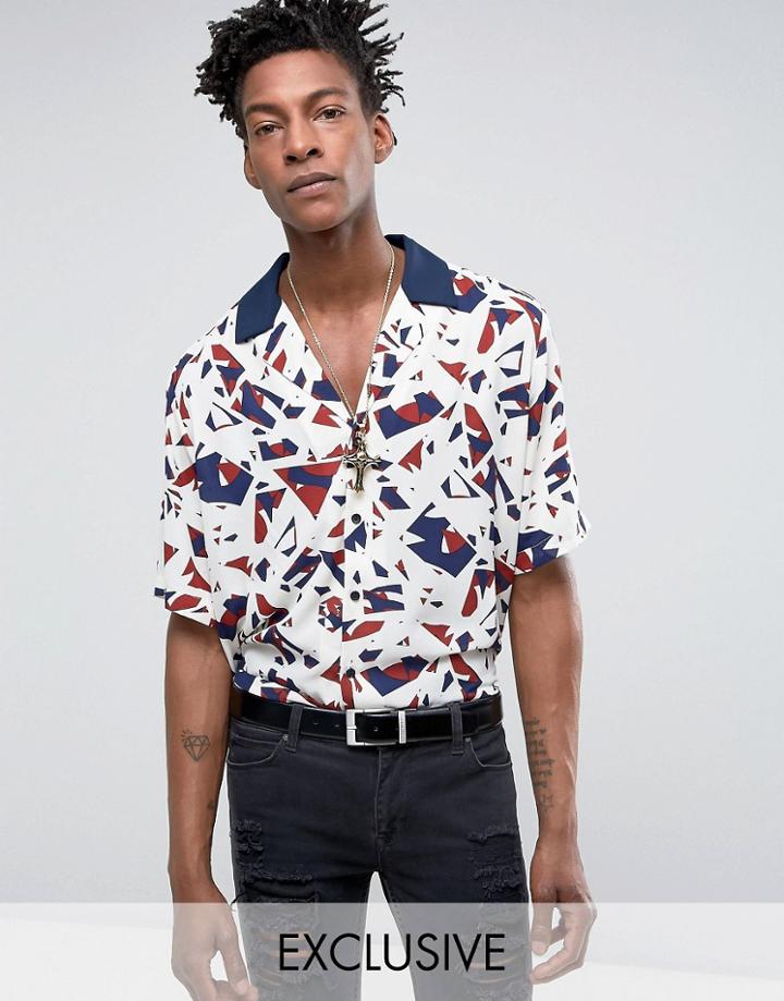 Reclaimed Vintage Inspired Shirt In Stone Abstract Print With Revere Collar In Reg Fit - Stone