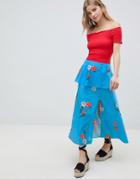 Asos Design Pephem Midi Tea Skirt In Blue Floral Print - Blue