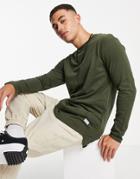 Jack & Jones Essentials Organic Cotton Long Sleeve Top With Curve Hem In Khaki-green