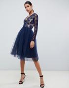 Rare London Midi Prom Dress With Scalloped Lace Detail In Navy