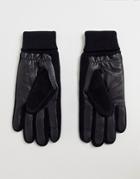 Asos Design Leather Touchscreen Gloves In Black With Rib And Suede