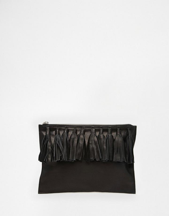 Asos Leather Tassel Clutch Bag - Black