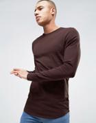 Asos Longline Muscle Long Sleeve T-shirt With Curved Hem In Oxblood - Red