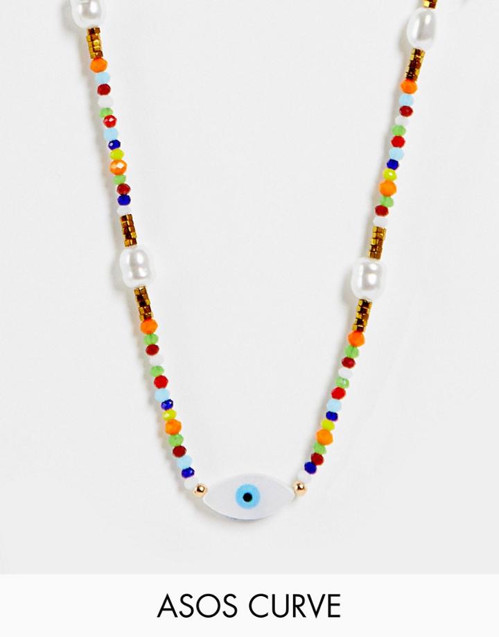 Asos Design Curve Bead Necklace With Printed Eye Pearl Design In Multi