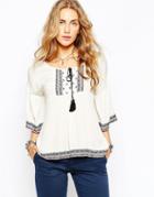 Pull & Bear Embroidered Smock Top - Cream