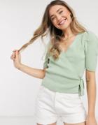 Asos Design Wrap Top With Puff Shoulder In Green