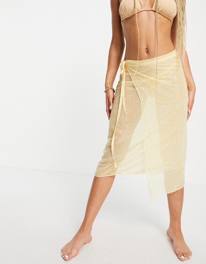 Monki Charlene Wrap Tie Sarong Set In Green Yellow Print