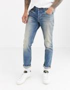 Asos Design Cone Mill Denim Slim 'american Classic' Jeans In Vintage Mid Wash Blue With Heavy Wash