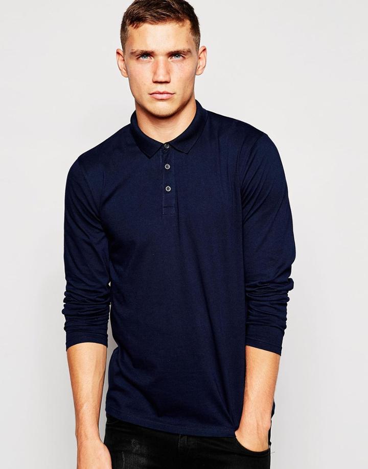 Asos Long Sleeve Jersey Polo In Navy - Navy