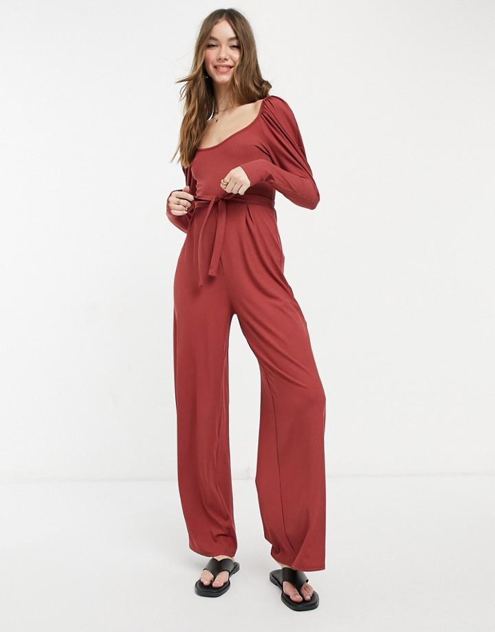 Asos Design Volume Sleeve Tie Waist Jumpsuit In Tobacco-brown