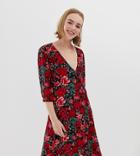 Monki Floral Print Wrap Dress With Buttons In Red-multi