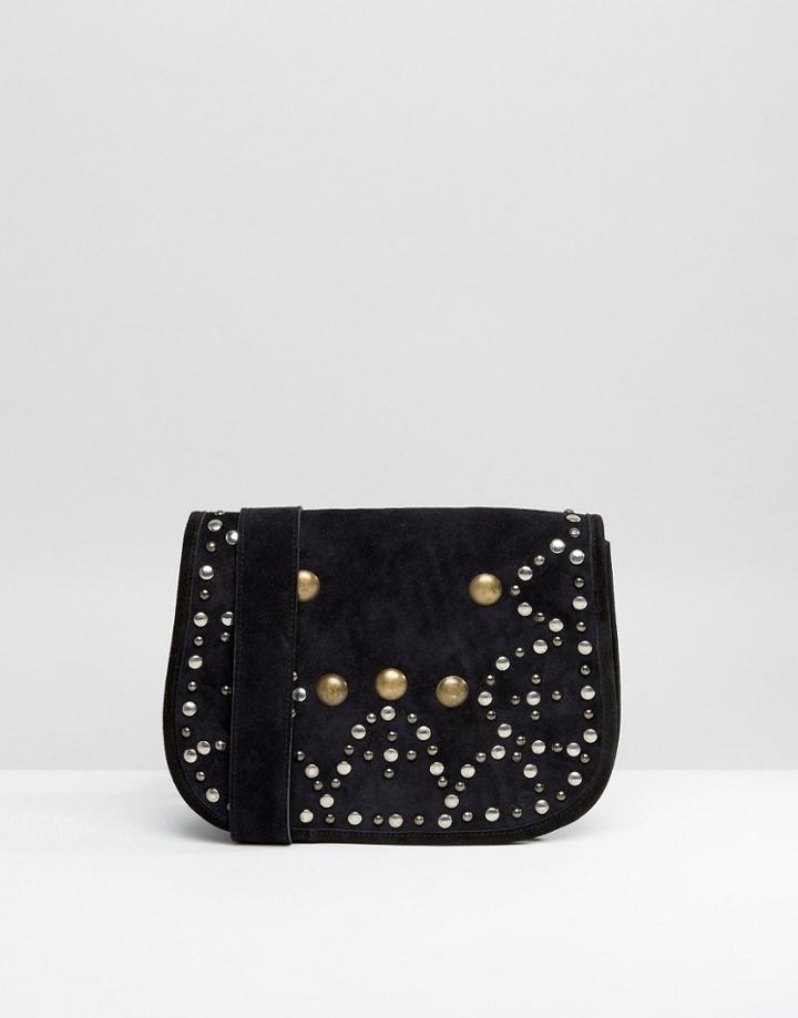 Park Lane Suede Studded Saddle Bag - Black