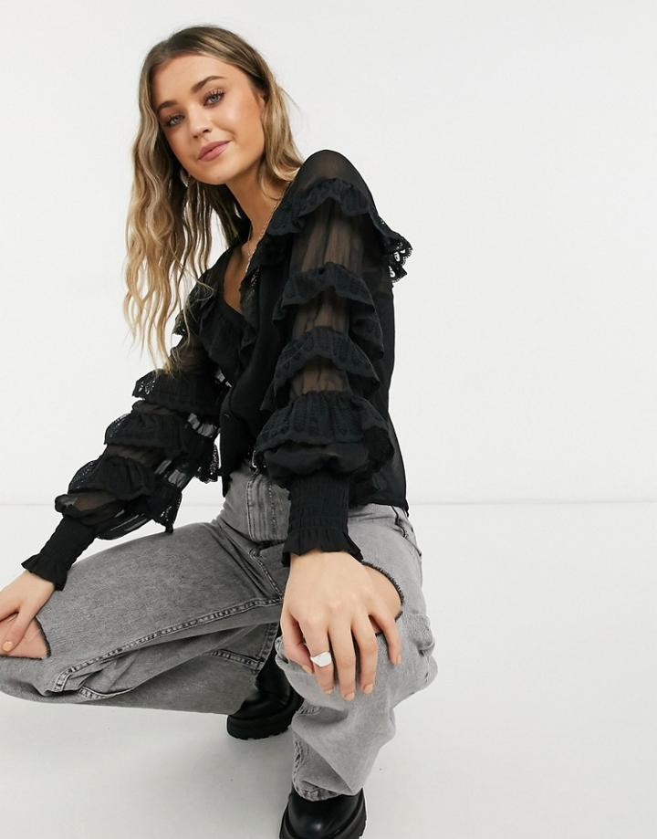 Asos Design Ruffle Lace Blouse In Black
